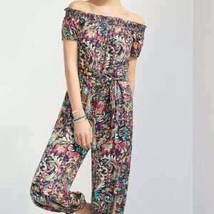 Anthropologie Off-The-Shoulder Jumpsuit – Bright, Colorful Design – Size XS